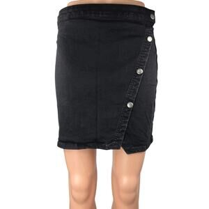 Free People Notched Black Asymmetric Side Button Mini Wrap Denim Jeans Skirt 8